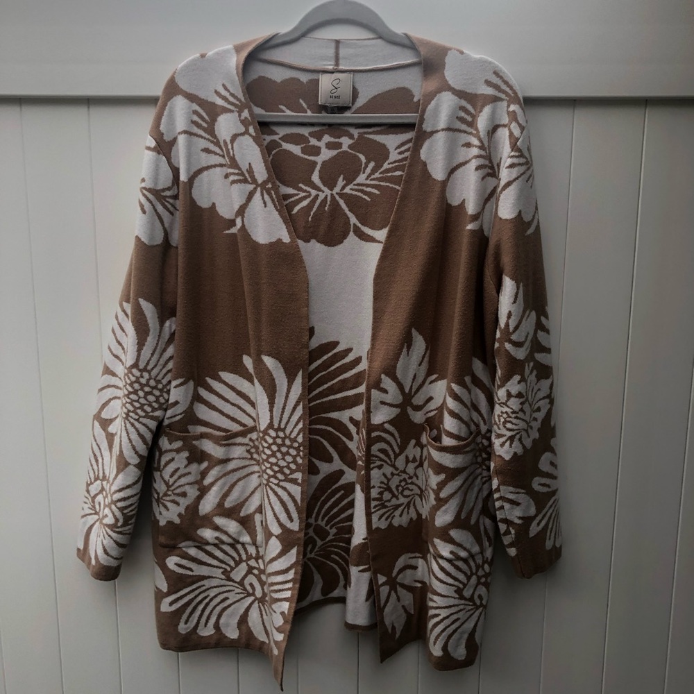 Sioni Tan & White Open Front Floral Women's Sweater Cardigan with Pockets